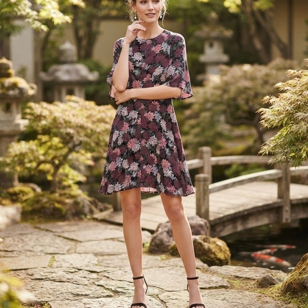 Paper Crane Med‎ Floral Flutter Sleeve Mock Dress A-Line Ruched Waist Whimsigoth